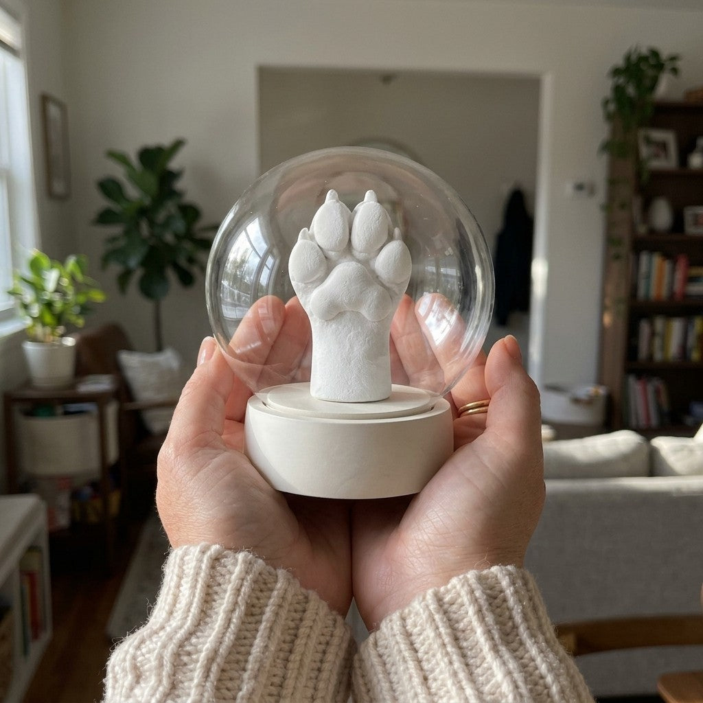 Glass dome keepsake with a white plaster dog paw cast, held in two hands