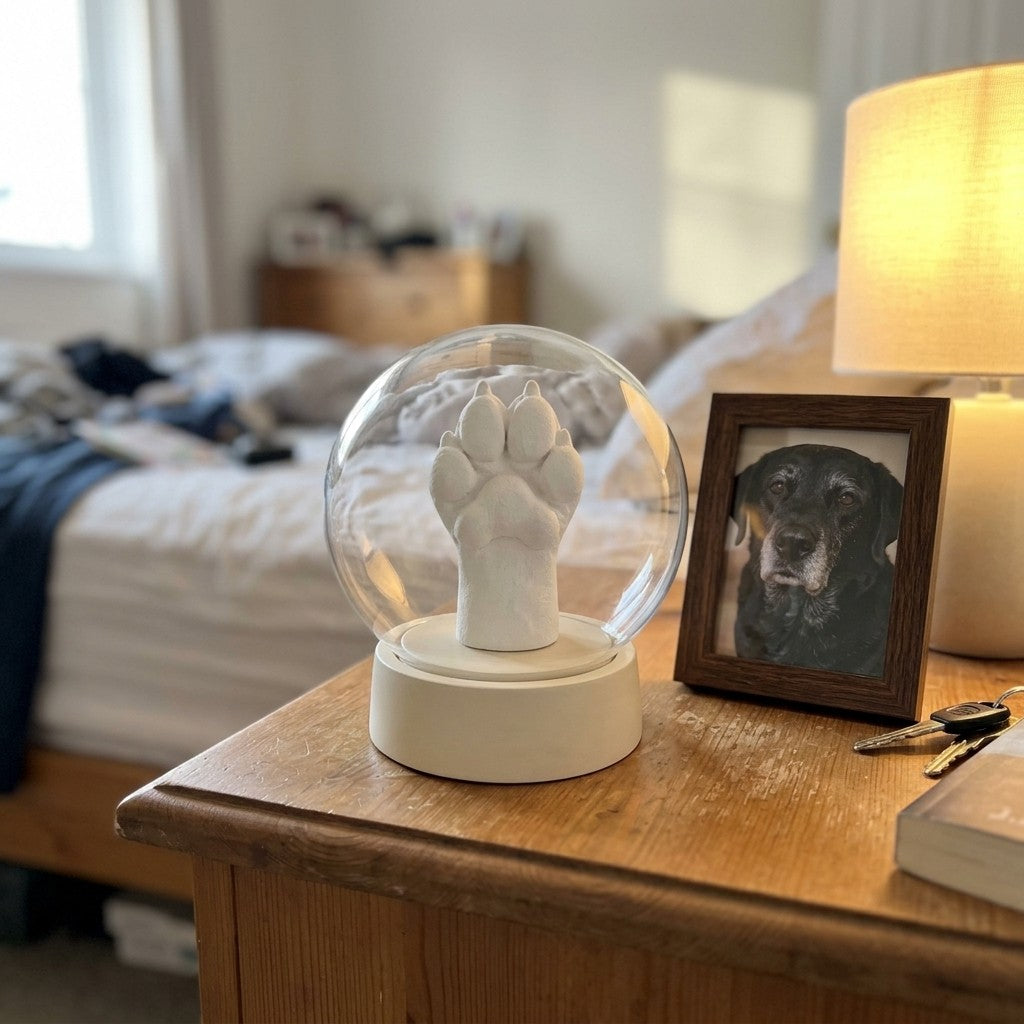 Paw cast keepsake dome on a bedside table beside a framed photo of a dog