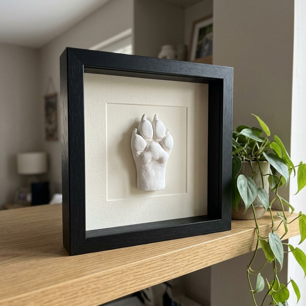 White plaster dog paw cast mounted in a black shadow box frame