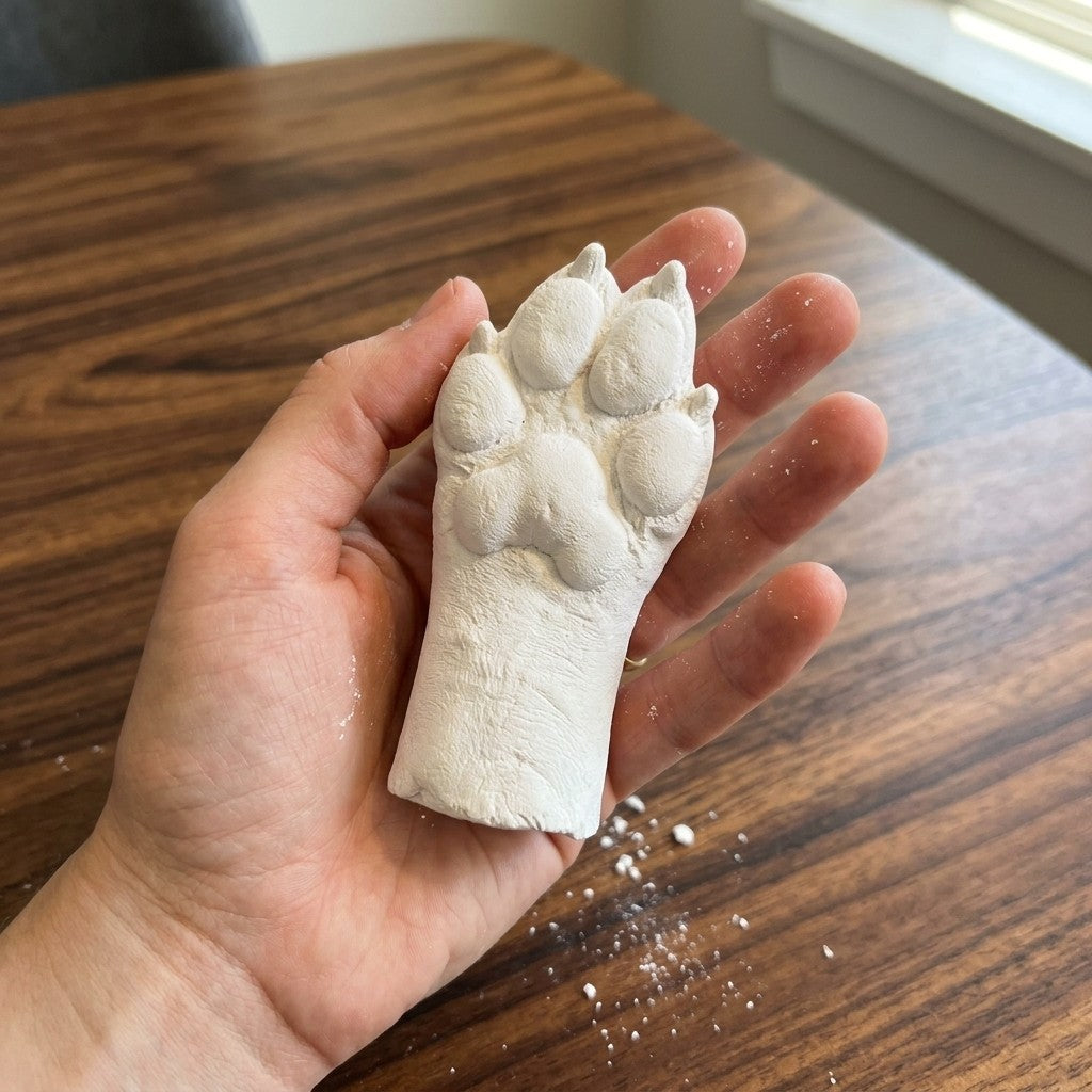 Freshly demoulded white plaster dog paw cast held in a hand