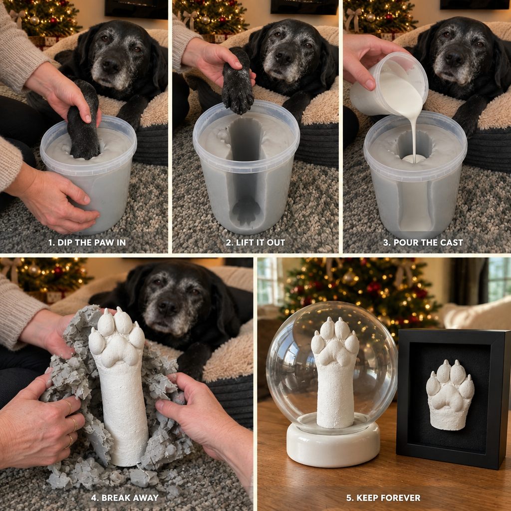 How it works in five steps: dip the paw in, lift it out, pour the cast, break away the mould, keep it forever in a globe or frame