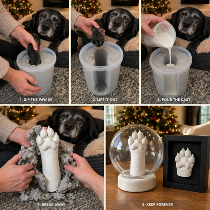 How it works in five steps: dip the paw in, lift it out, pour the cast, break away the mould, keep it forever in a globe or frame